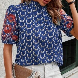 SHEIN Boho Embroidered Floral Blouse Blue Orange Peasant Top 1XL